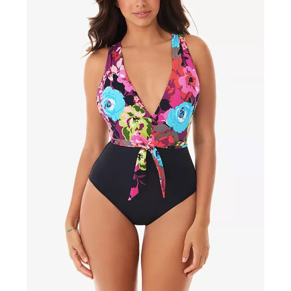 SKINNY DIPPERS Lady Godiva Plunging V-neck Flower One Piece Swimsuit
